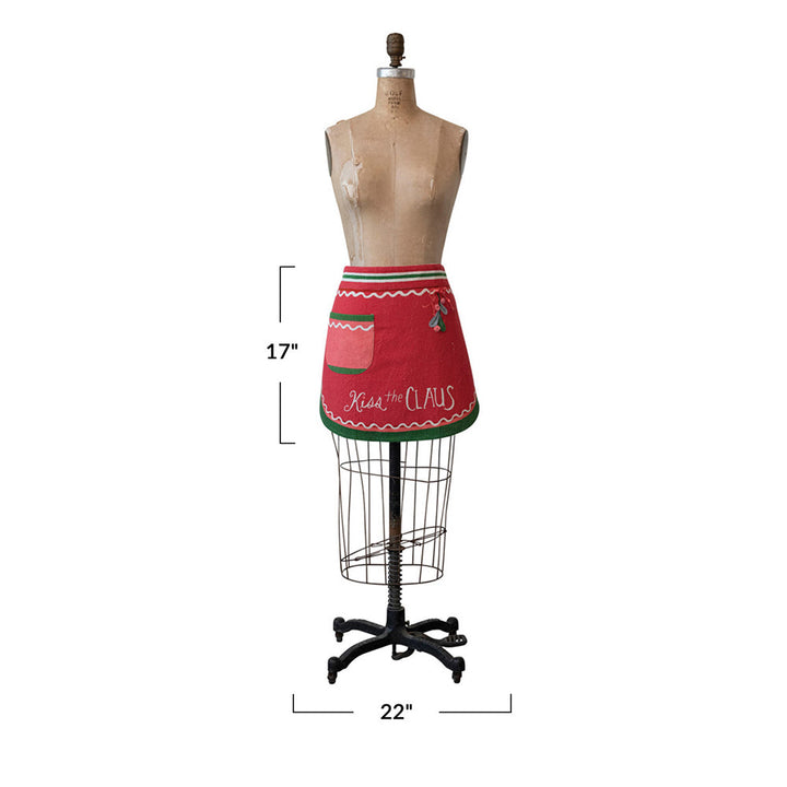 Cotton Slub Printed Half Apron w/ Embroidery, Holly, Pom Poms & Pocket © by Creative Co-Op