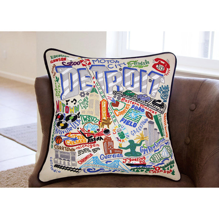 Detroit Hand-Embroidered Pillow by Cat Studio