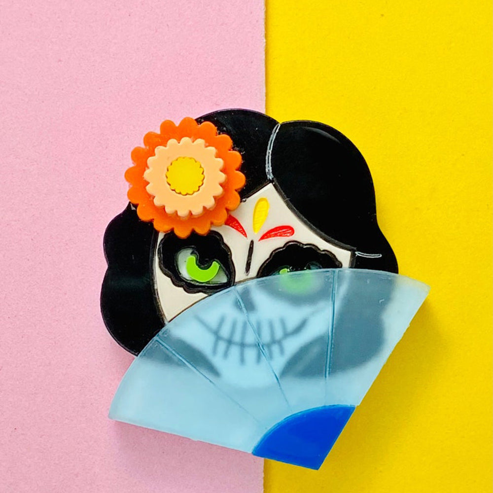 Day of the Dead 2021 Collection - Coccotte Calavera Head with Fan Acrylic Brooch by Makokot Design