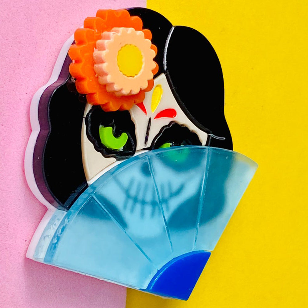 Day of the Dead 2021 Collection - Coccotte Calavera Head with Fan Acrylic Brooch by Makokot Design