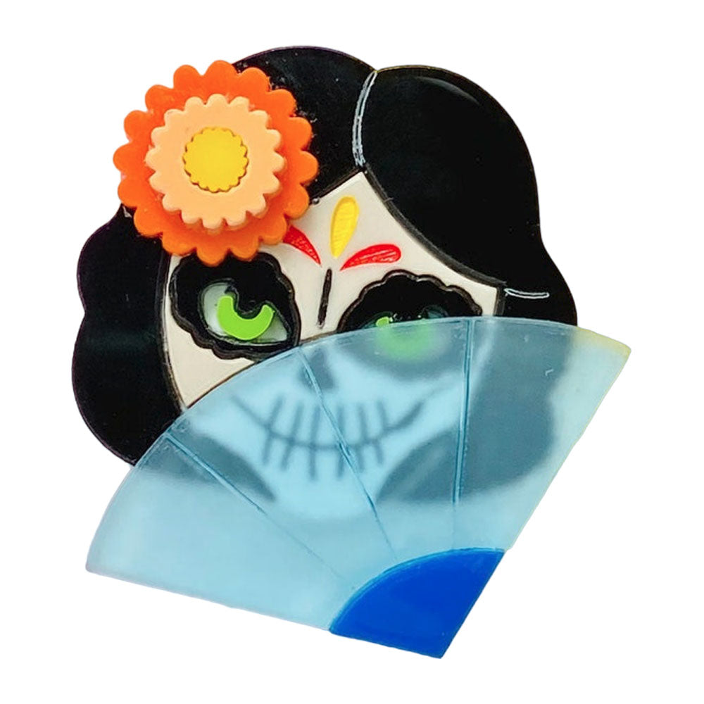 Day of the Dead 2021 Collection - Coccotte Calavera Head with Fan Acrylic Brooch by Makokot Design