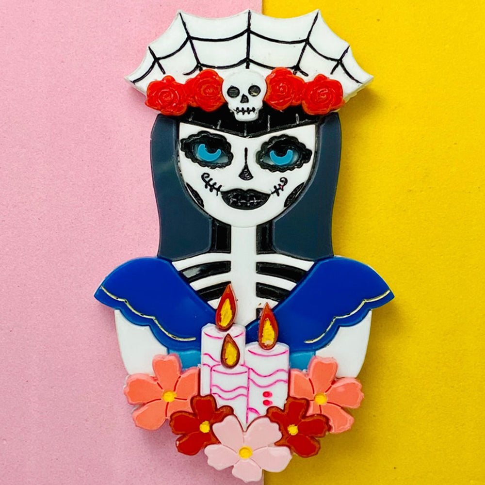 Day of the Dead 2021 Collection - Coccotte Calavera with Candles Acrylic Brooch by Makokot Design