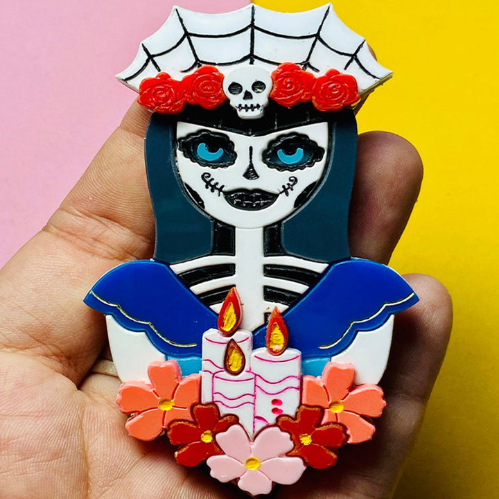 Day of the Dead 2021 Collection - Coccotte Calavera with Candles Acrylic Brooch by Makokot Design