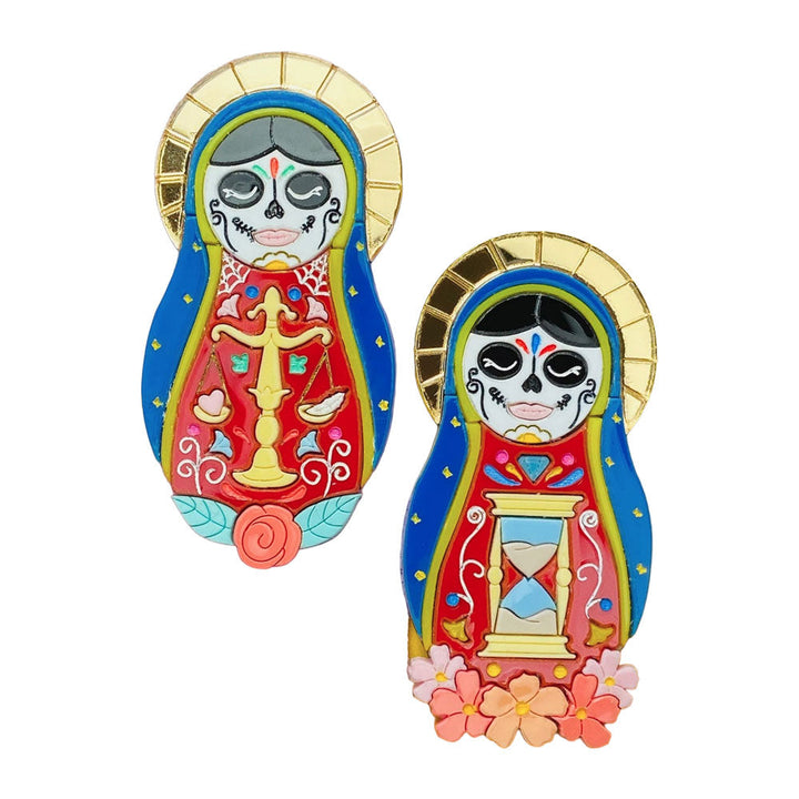 Day of the Dead 2021 Collection - Santa Muerte Russian Doll Acrylic Brooch by Makokot Design