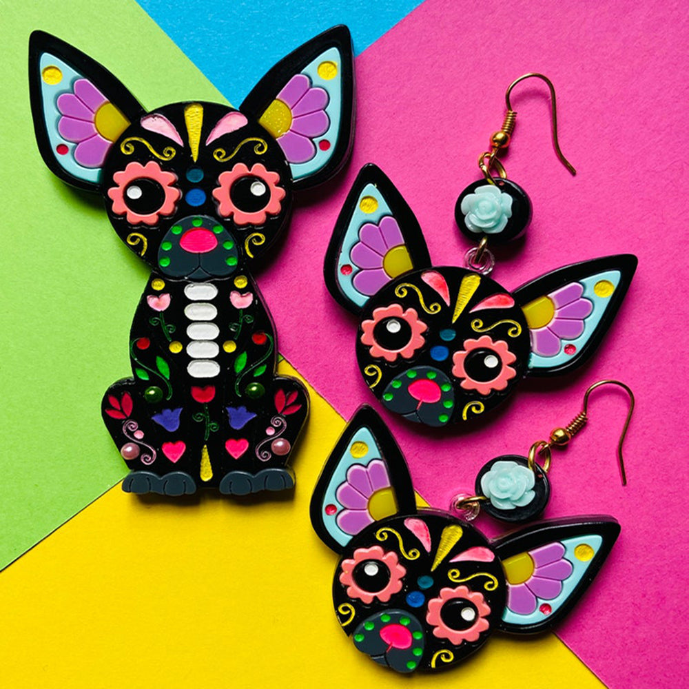 Day of the Dead 2022 - Chihuahua Skull Acrylic Brooch + Earrings by Makokot Design