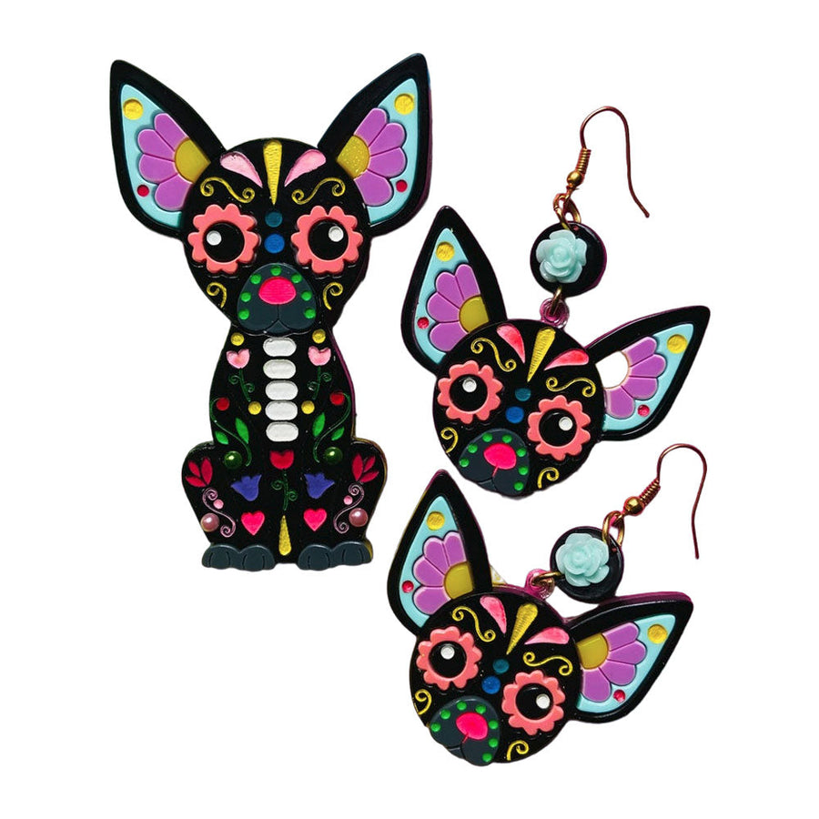 Day of the Dead 2022 - Chihuahua Skull Acrylic Brooch + Earrings by Makokot Design