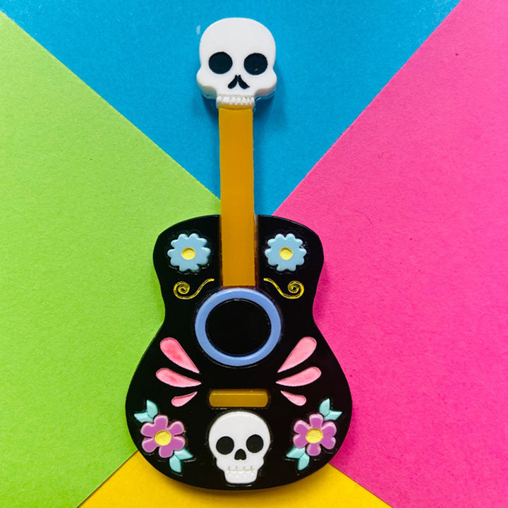 Day of the Dead 2022 - Mariachi Guitar with Skulls Acrylic Brooch by Makokot Design