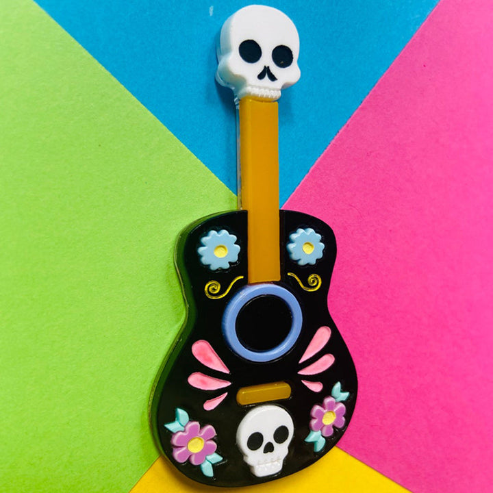 Day of the Dead 2022 - Mariachi Guitar with Skulls Acrylic Brooch by Makokot Design