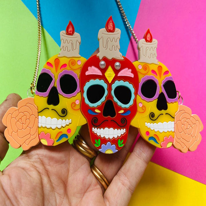 Day of the Dead 2022 - Sugar Skulls + Candles Acrylic Necklace by Makokot Design