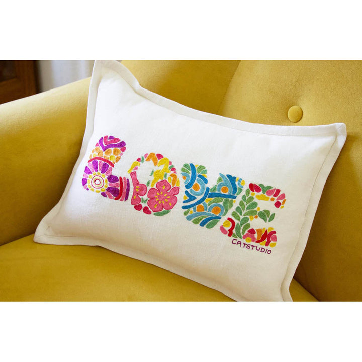 Flower Power Love Letters Hand-Embroidered Pillow - Available in Bright or Pastel by CatStudio