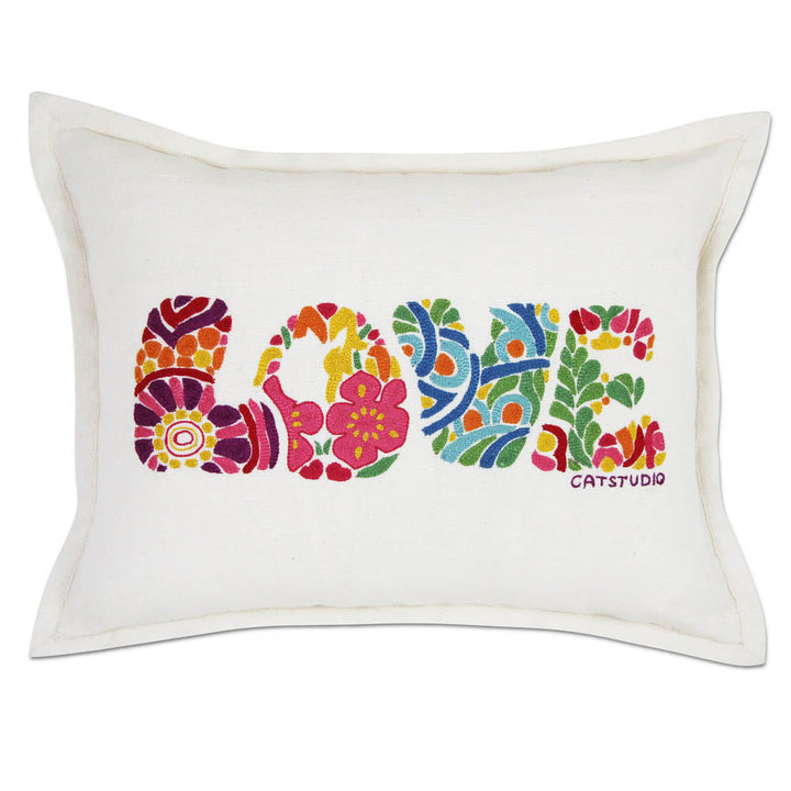 Flower Power Love Letters Hand-Embroidered Pillow - Available in Bright or Pastel by CatStudio