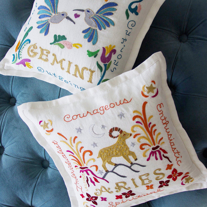 Gemini Astrology Hand-Embroidered Pillow by Cat Studio