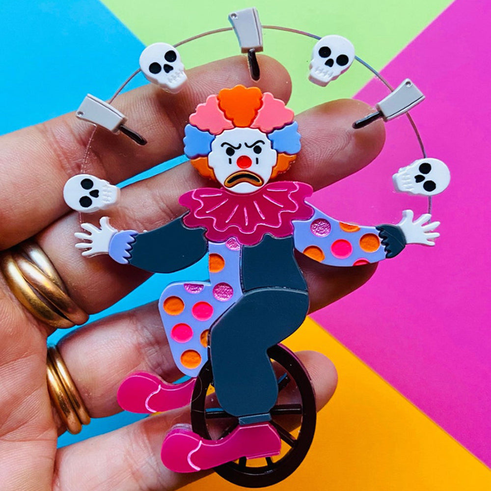 Halloween 2022 - Creepy Funfair Collection - Acrobat Clown with Skulls & Knives Acrylic Brooch by Makokot Design