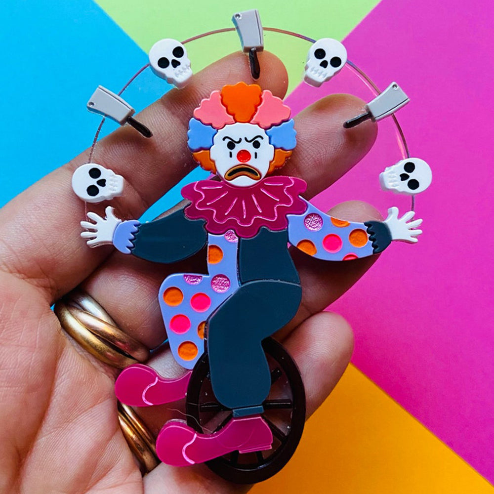 Halloween 2022 - Creepy Funfair Collection - Acrobat Clown with Skulls & Knives Acrylic Brooch by Makokot Design