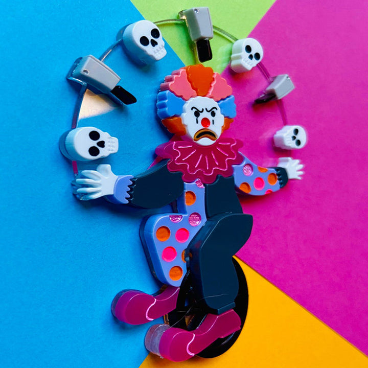 Halloween 2022 - Creepy Funfair Collection - Acrobat Clown with Skulls & Knives Acrylic Brooch by Makokot Design