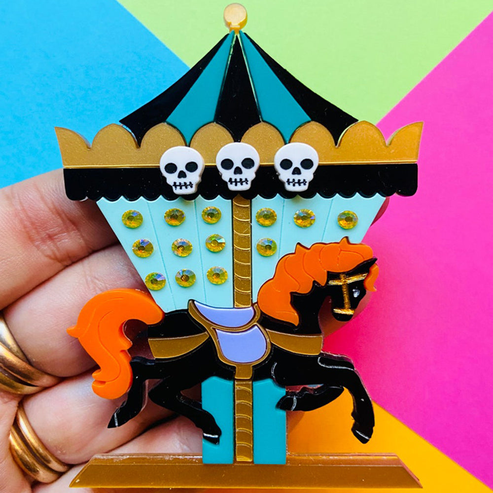 Halloween 2022 - Creepy Funfair Collection - Carousel Horse with Skulls Acrylic Brooch by Makokot Design