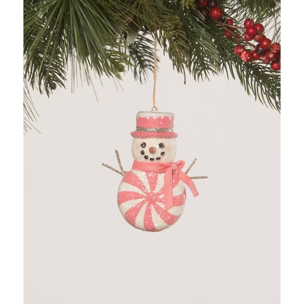 Hot Pink Peppermint Snowman Ornament by Bethany Lowe