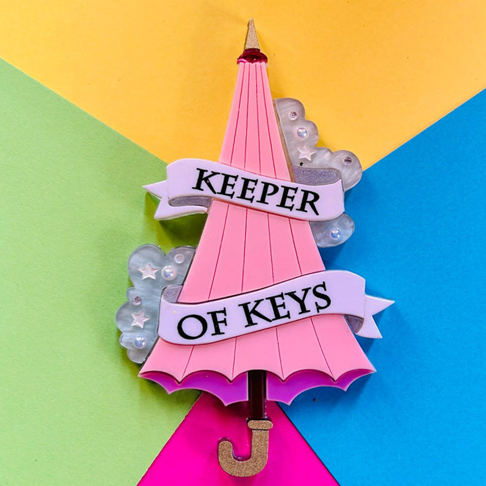 Magic & Witchcraft Collection - "Keeper of Keys Pink Umbrella" Acrylic Brooch by Makokot Design