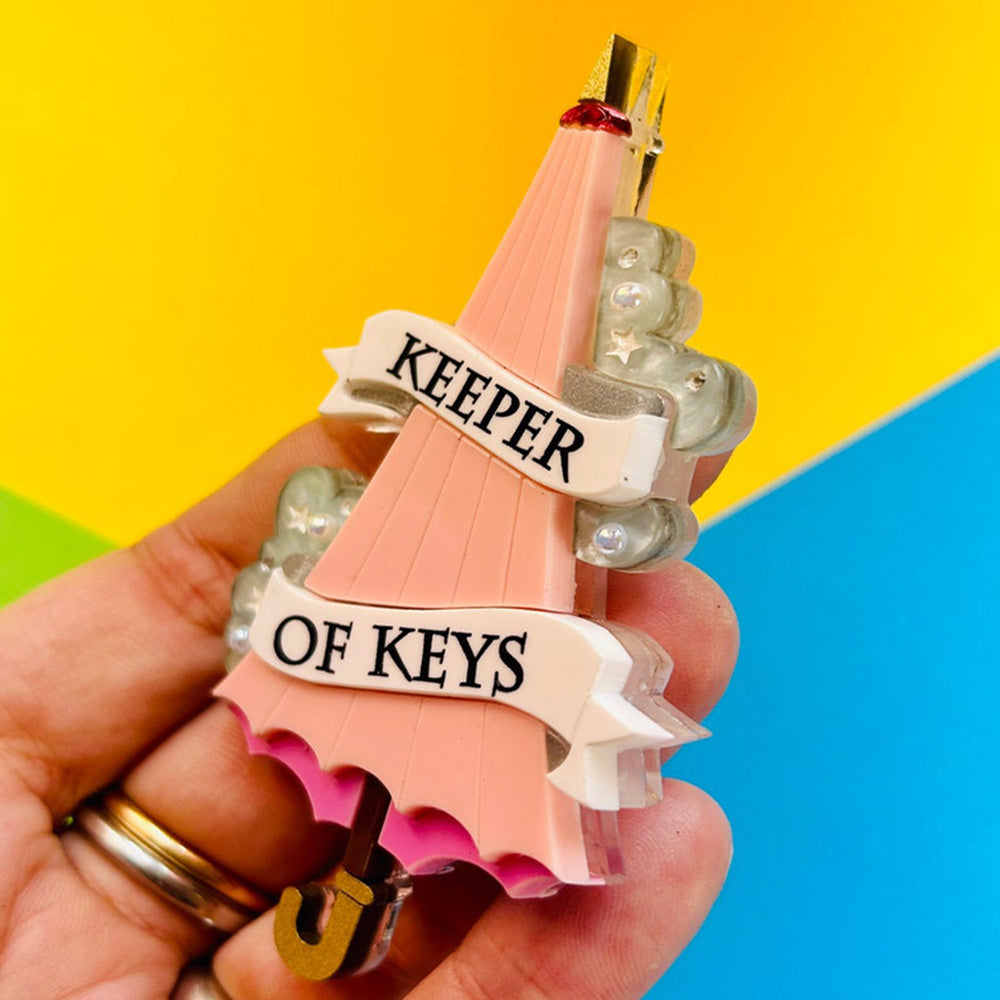 Magic & Witchcraft Collection - "Keeper of Keys Pink Umbrella" Acrylic Brooch by Makokot Design