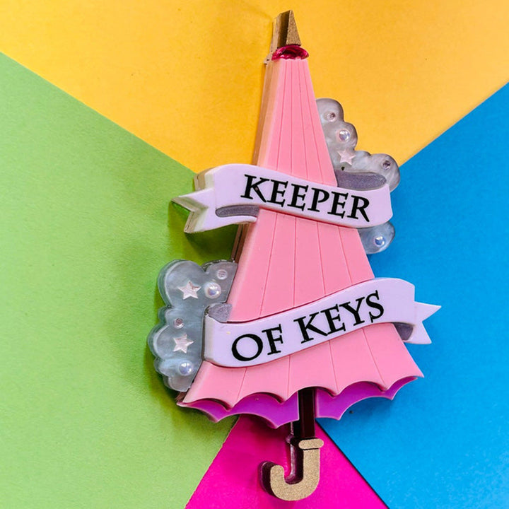 Magic & Witchcraft Collection - "Keeper of Keys Pink Umbrella" Acrylic Brooch by Makokot Design