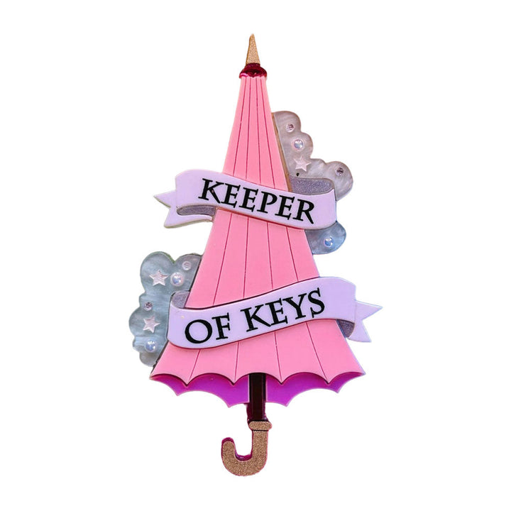 Magic & Witchcraft Collection - "Keeper of Keys Pink Umbrella" Acrylic Brooch by Makokot Design