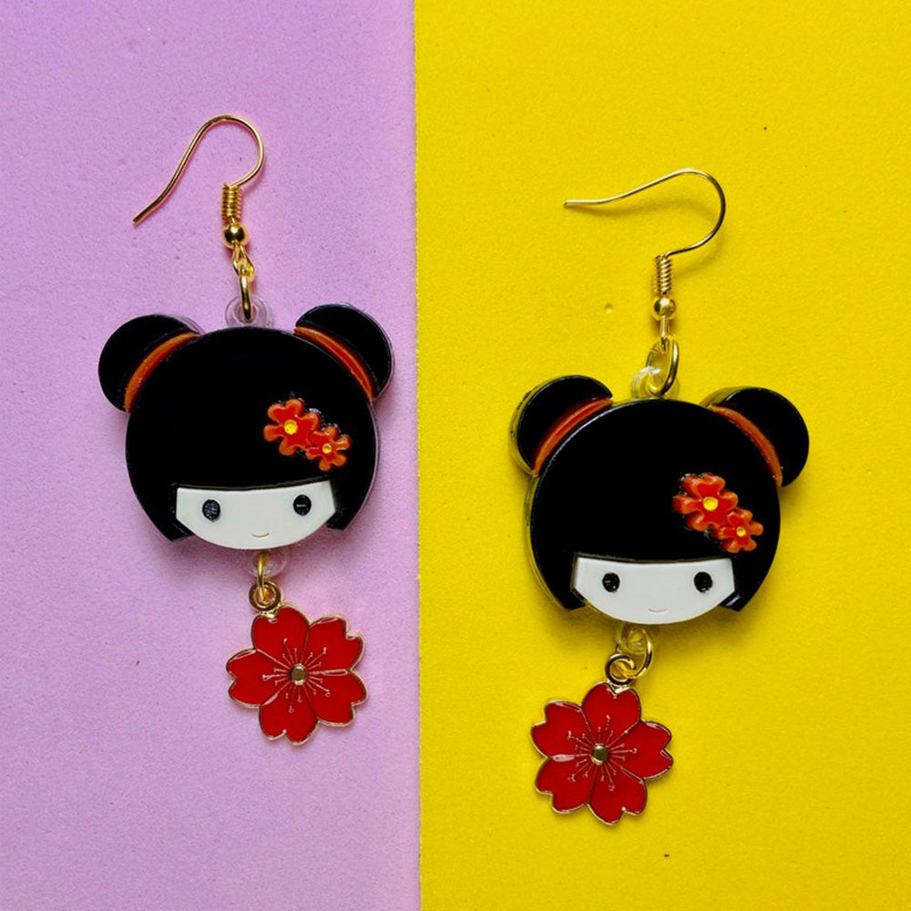 Makokot Light - Kokeshi Doll Earrings + Sakura Charm by Makokot Design