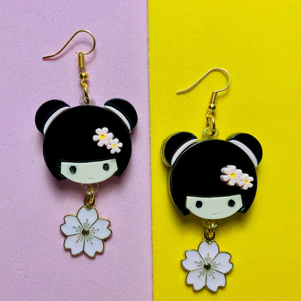 Makokot Light - Kokeshi Doll Earrings + Sakura Charm by Makokot Design