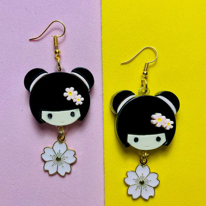 Makokot Light - Kokeshi Doll Earrings + Sakura Charm by Makokot Design