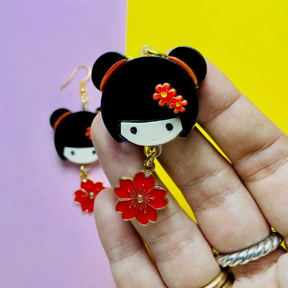 Makokot Light - Kokeshi Doll Earrings + Sakura Charm by Makokot Design