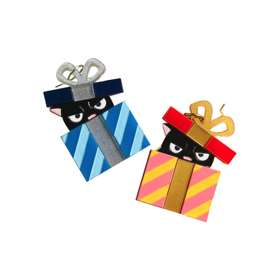 Meowy Christmas Collection - "Angry Cat in Christmas Gift Box" Acrylic Earrings by Makokot Design