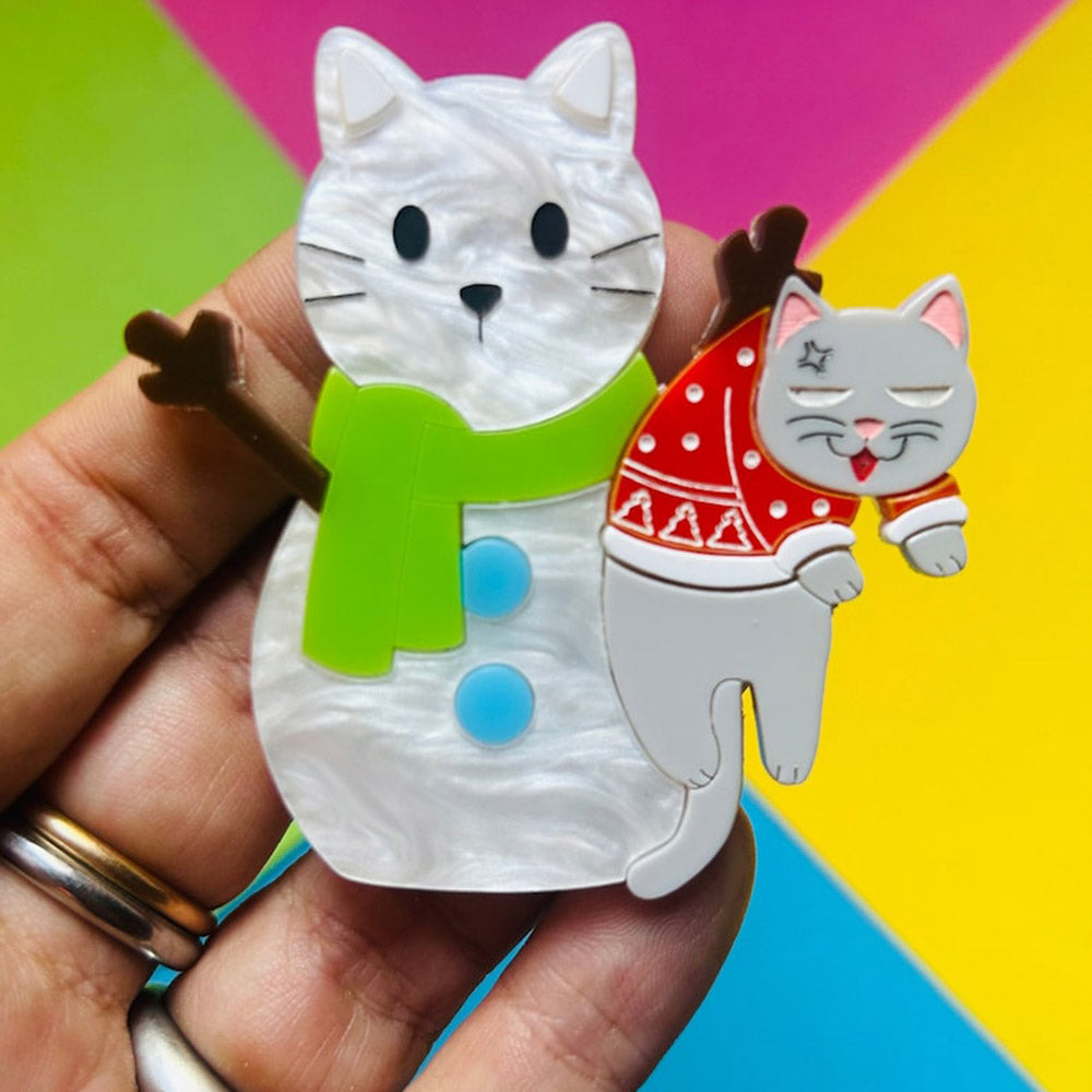 Meowy Christmas Collection - "Cat Stuck in Snowman" Acrylic Brooch by Makokot Design