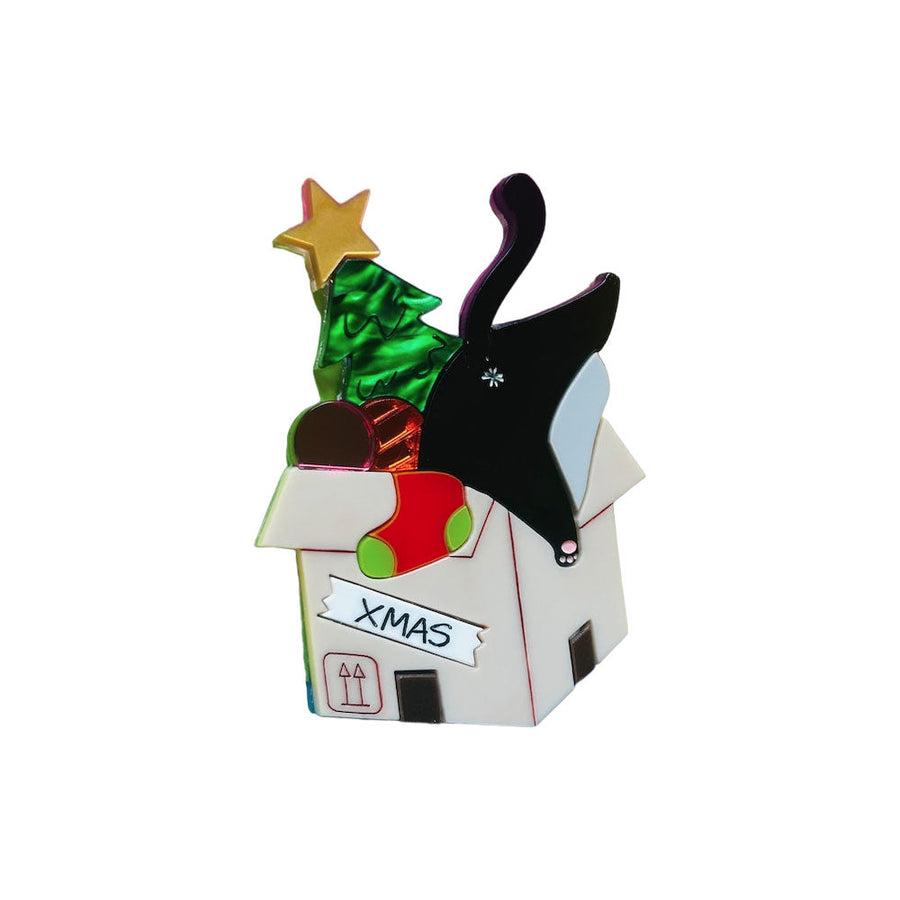 Meowy Christmas Collection - "Cat Stuck Inside Christmas Decorations Box" Acrylic Brooch by Makokot Design