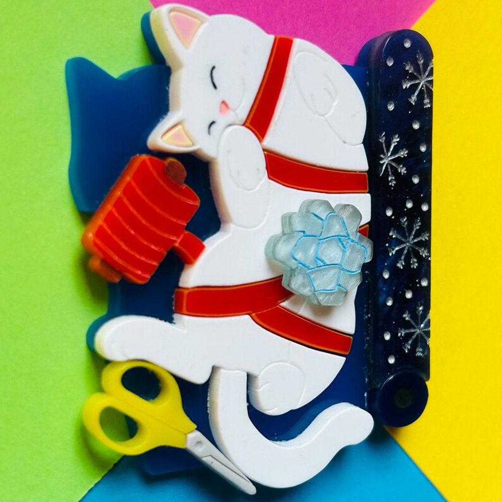 Meowy Christmas Collection - "Do You Really Want to Wrap Your Gift?!" Acrylic Brooch by Makokot Design