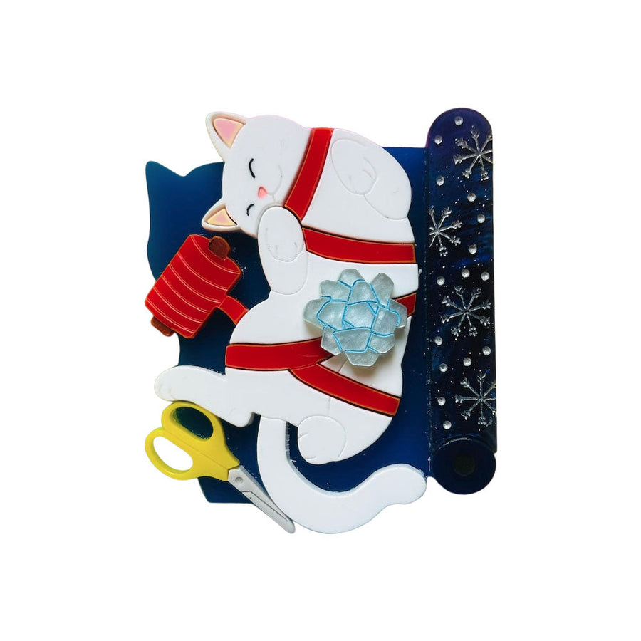 Meowy Christmas Collection - "Do You Really Want to Wrap Your Gift?!" Acrylic Brooch by Makokot Design