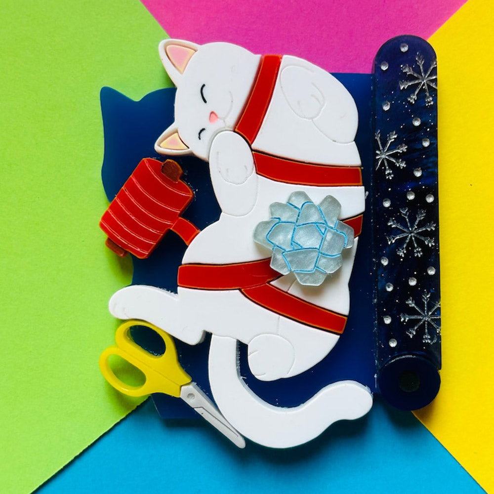 Meowy Christmas Collection - "Do You Really Want to Wrap Your Gift?!" Acrylic Brooch by Makokot Design