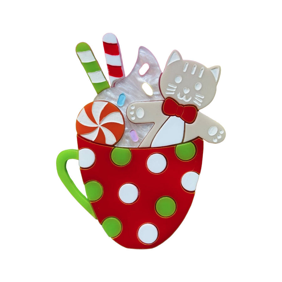 Meowy Christmas Collection - "Gingerbread Cat with Marshmallows Mug" Acrylic Brooch by Makokot Design