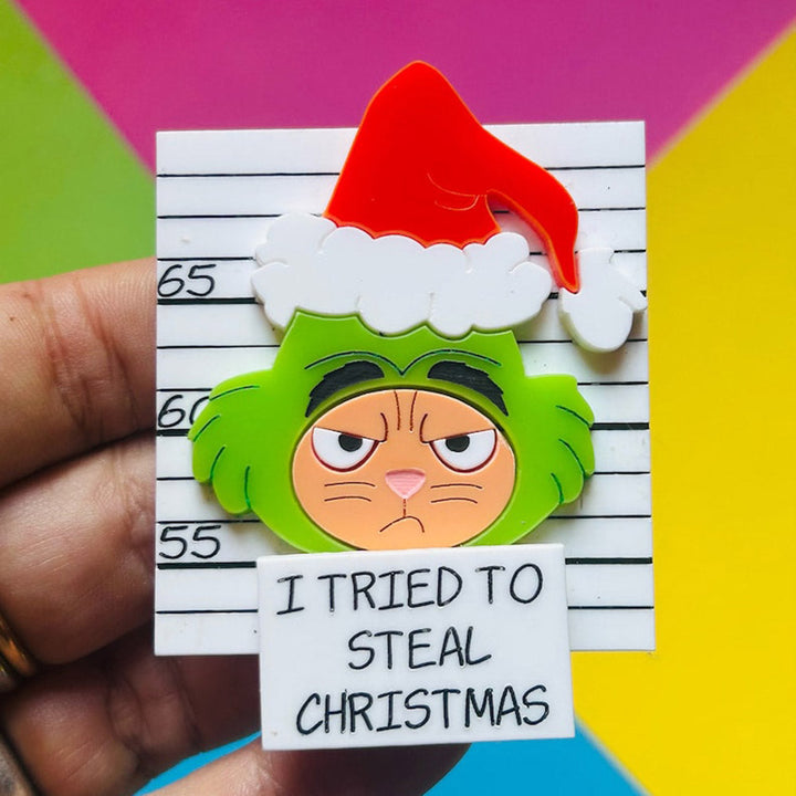 Meowy Christmas Collection - "I Tried to Steal Christmas" Ginger Cat Acrylic Brooch by Makokot Design