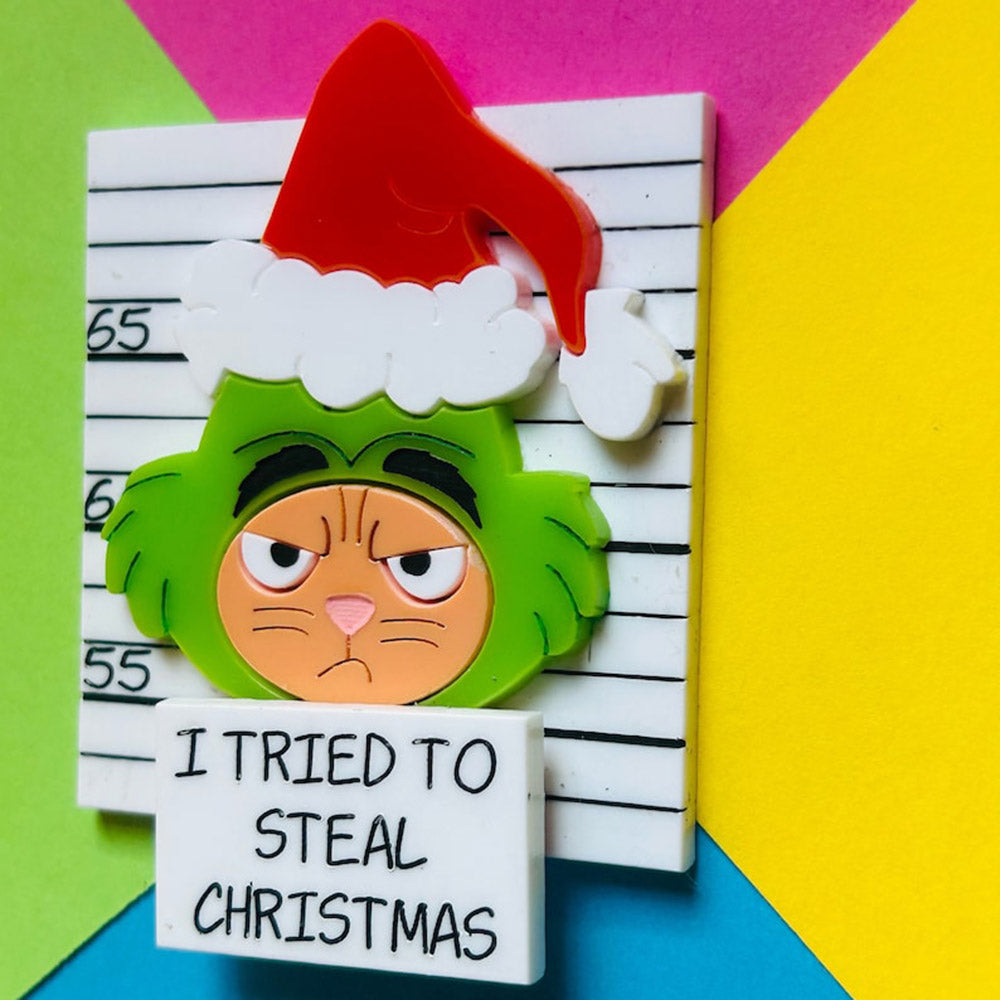 Meowy Christmas Collection - "I Tried to Steal Christmas" Ginger Cat Acrylic Brooch by Makokot Design