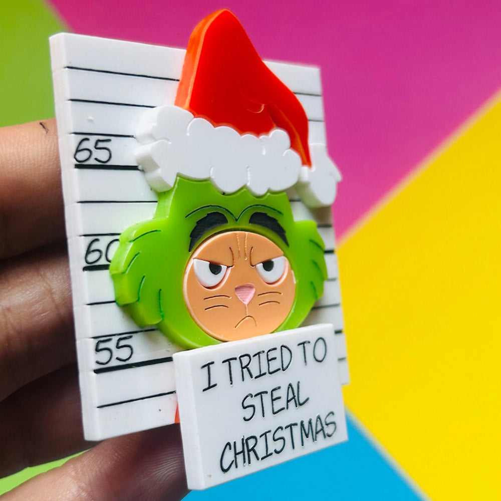 Meowy Christmas Collection - "I Tried to Steal Christmas" Ginger Cat Acrylic Brooch by Makokot Design