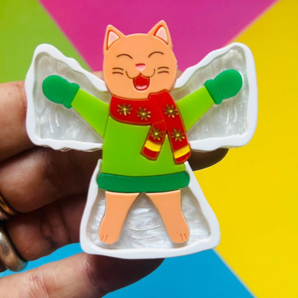 Meowy Christmas Collection - "Snow Angel Ginger Cat" Acrylic Brooch by Makokot Design