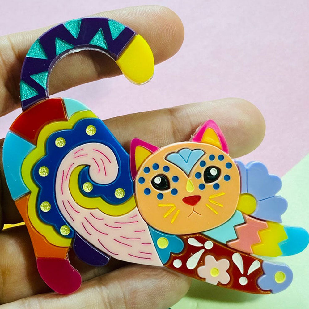 Mexican Folk Art Collection - Alebrije Cat Acrylic Brooch by Makokot Design