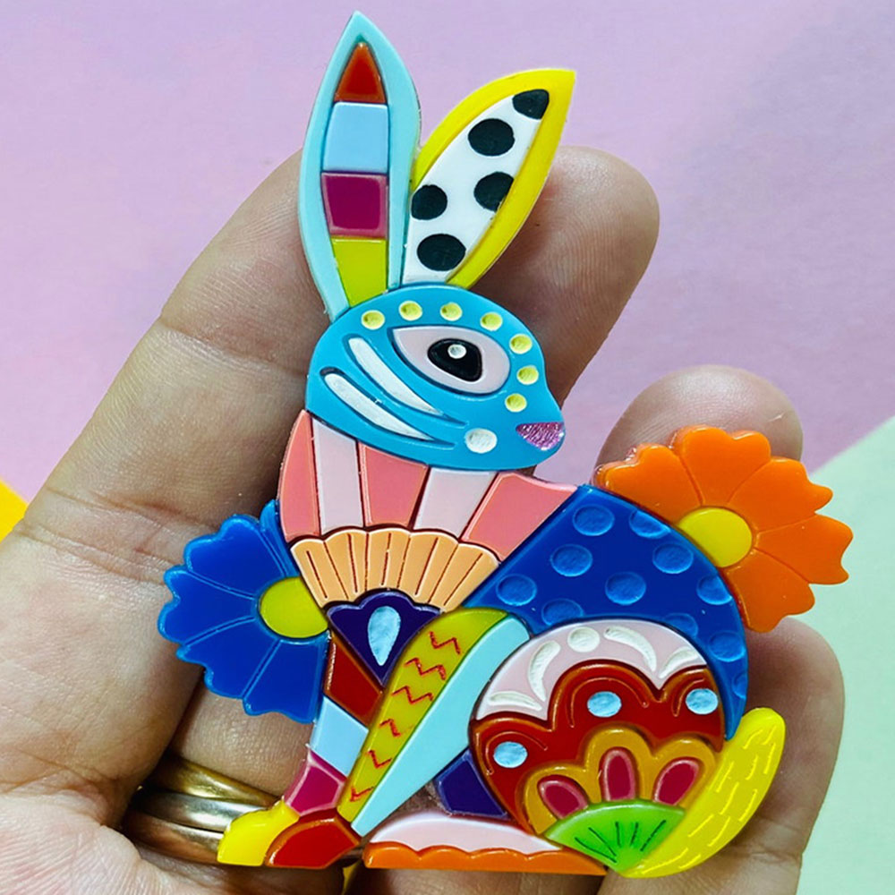 Mexican Folk Art Collection - Alebrije Rabbit Acrylic Brooch by Makokot Design