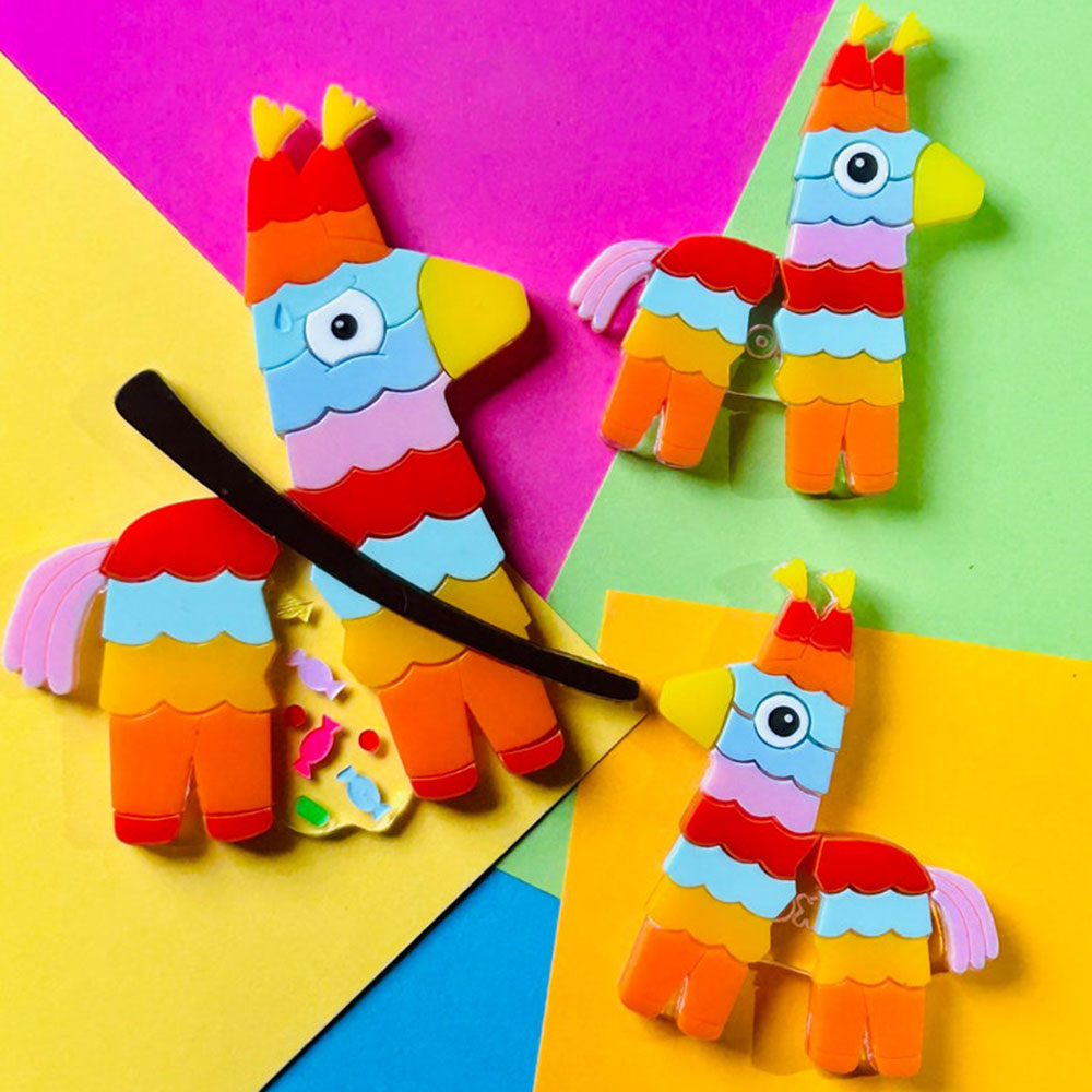 Mexican Folk Art Collection - Colourful Pinata Acrylic Brooch + Earrings by Makokot Design