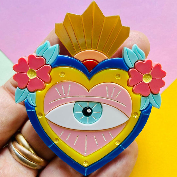 Mexican Folk Art Collection - Milagros with Eye and & Flowers Acrylic Brooch by Makokot Design