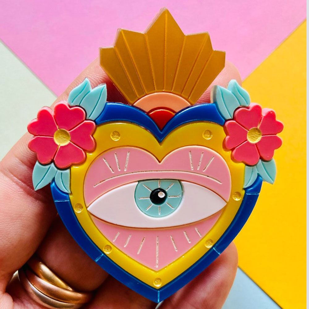 Mexican Folk Art Collection - Milagros with Eye and & Flowers Acrylic Brooch by Makokot Design