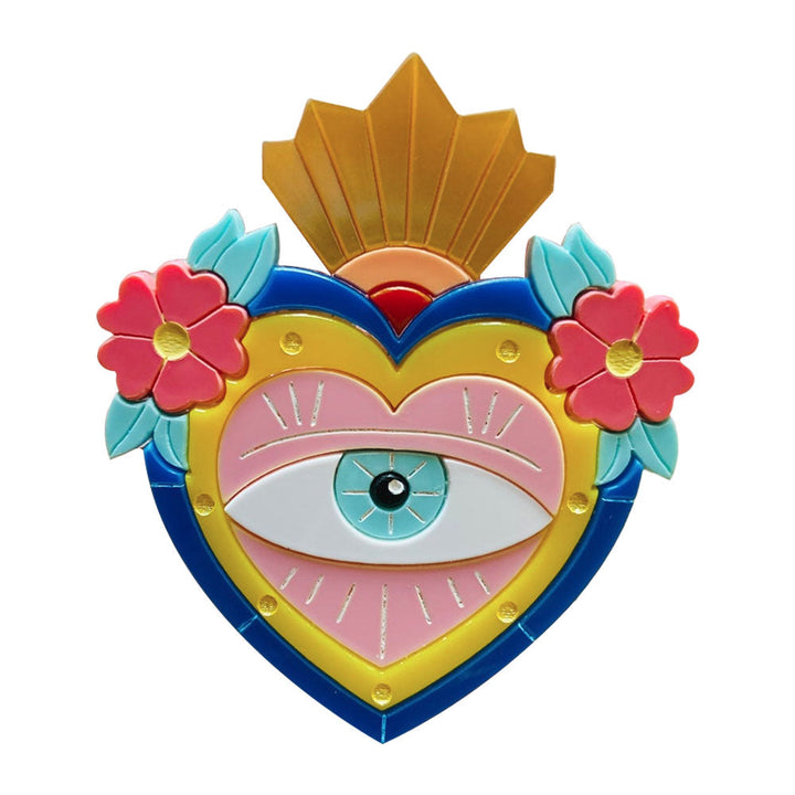 Mexican Folk Art Collection - Milagros with Eye and & Flowers Acrylic Brooch by Makokot Design