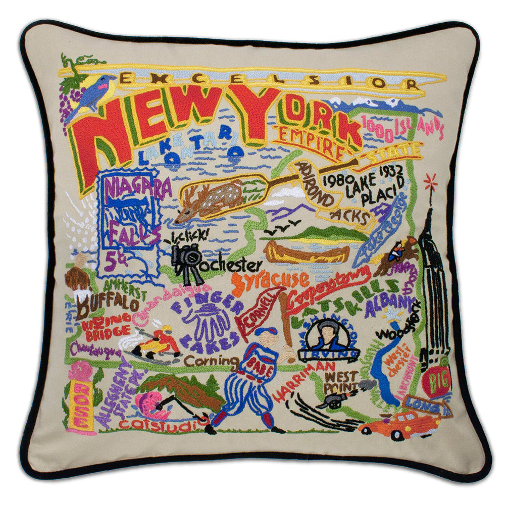 New York State Hand-Embroidered Pillow