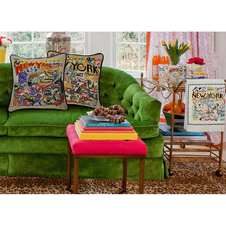 New York State Hand-Embroidered Pillow