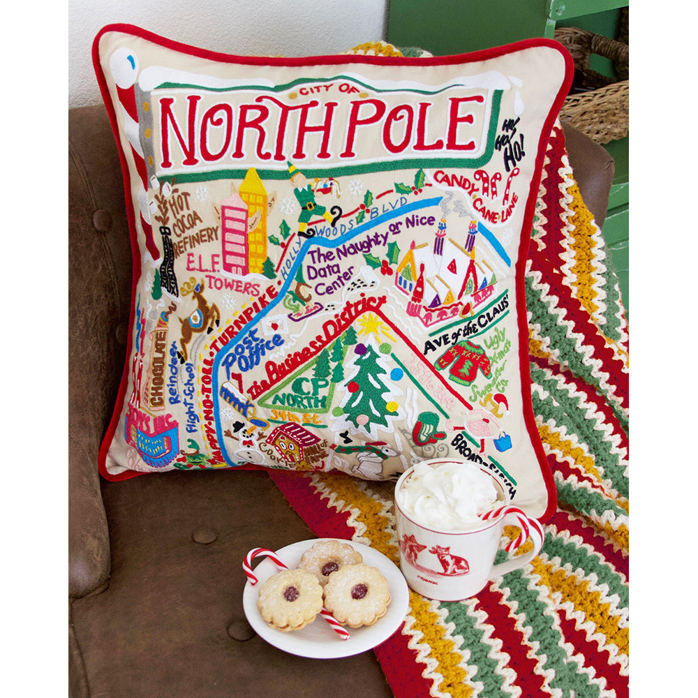 North Pole City Hand-Embroidered Pillow by Cat Studio