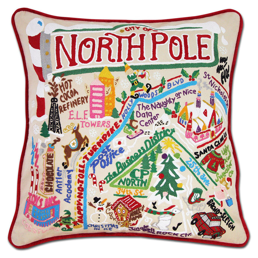 North Pole City Hand-Embroidered Pillow by Cat Studio